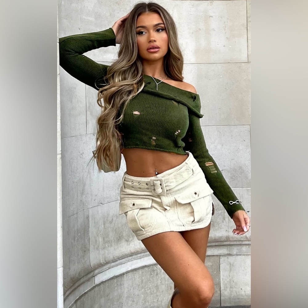 Women’s green distressed off-the shoulder top